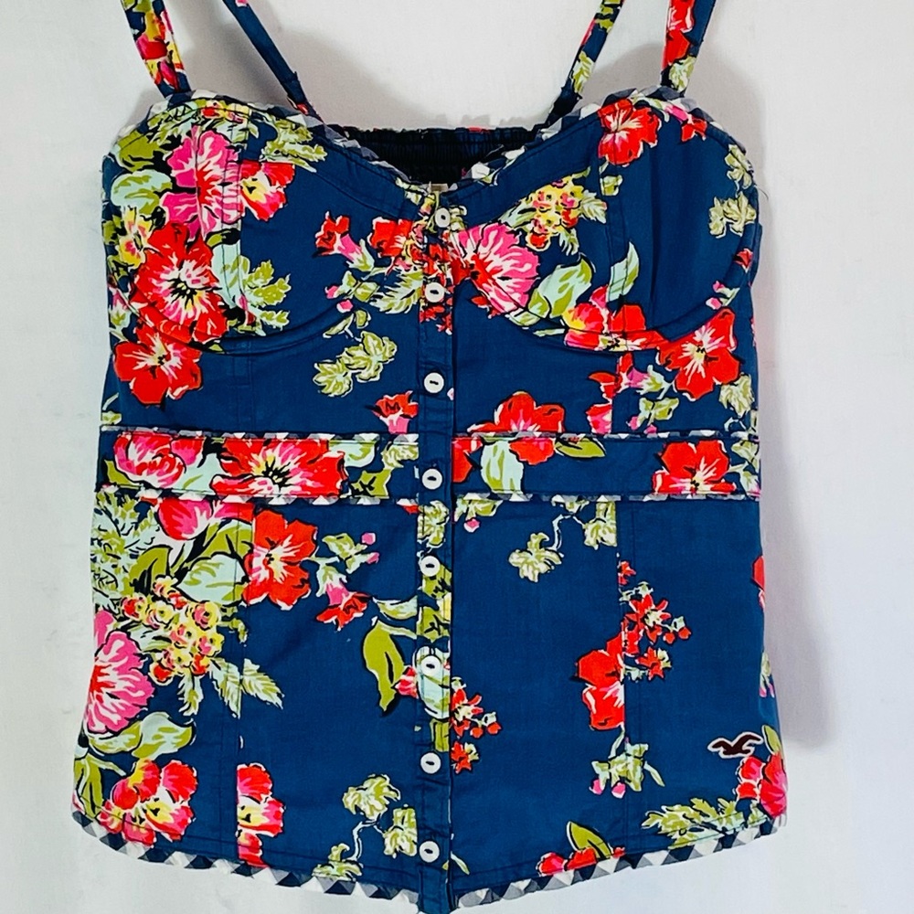 NAVY FLORAL BUSTIER WITH NAVY & WHITE GINGHAN TRIM